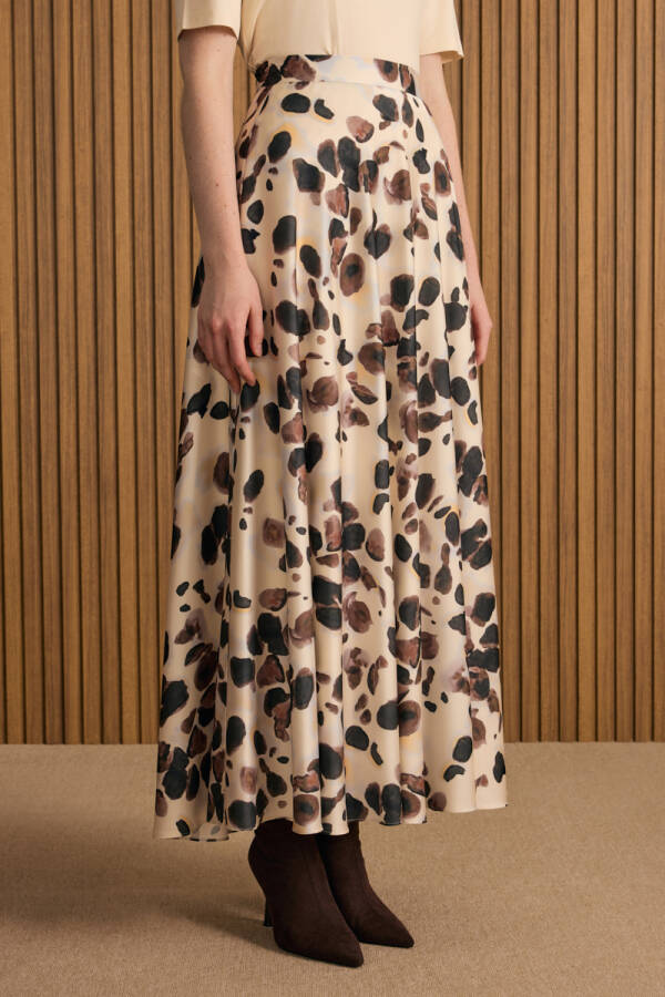 Bej Desenli Kloş Etek - 3