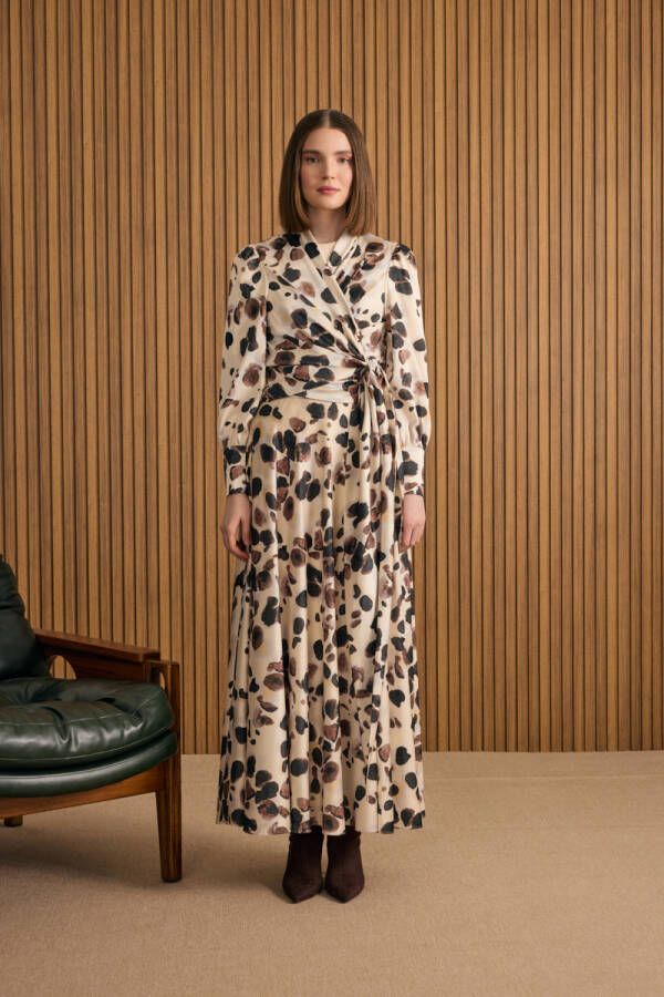 Bej Desenli Kloş Etek - Aker