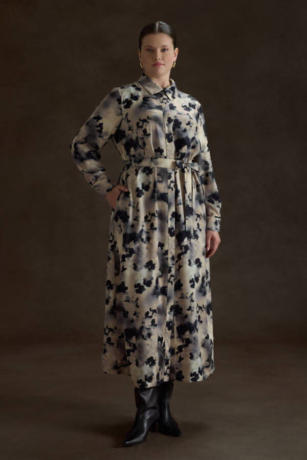 Bej Desenli Viscon Elbise - Aker