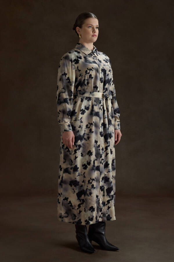 Bej Desenli Viscon Elbise - 4