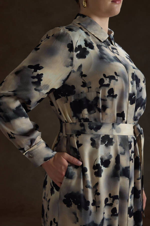 Bej Desenli Viscon Elbise - 5