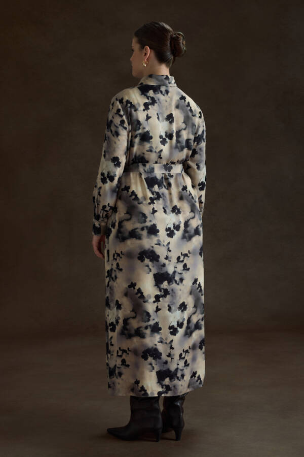 Bej Desenli Viscon Elbise - 6