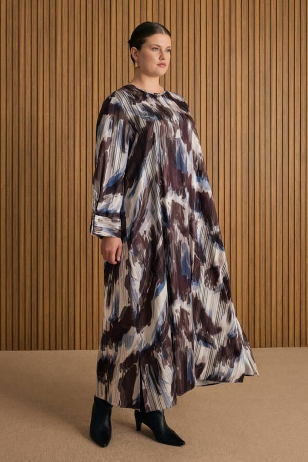 Bej Desenli Viscon Elbise - 3