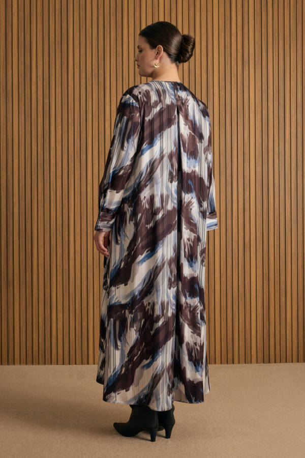 Bej Desenli Viscon Elbise - 6