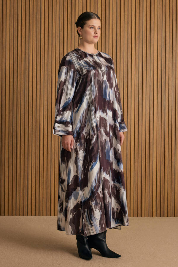 Bej Desenli Viscon Elbise - Aker (1)