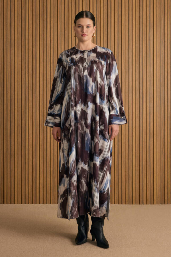 Bej Desenli Viscon Elbise - 1