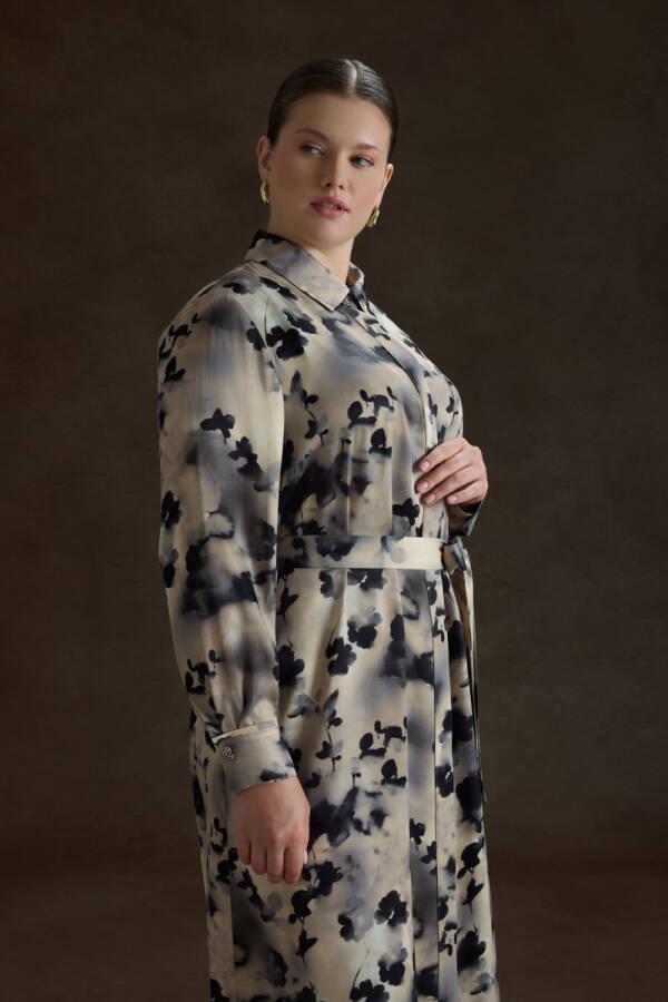 Bej Desenli Viscon Elbise - 2