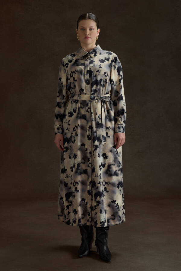 Bej Desenli Viscon Elbise - 3