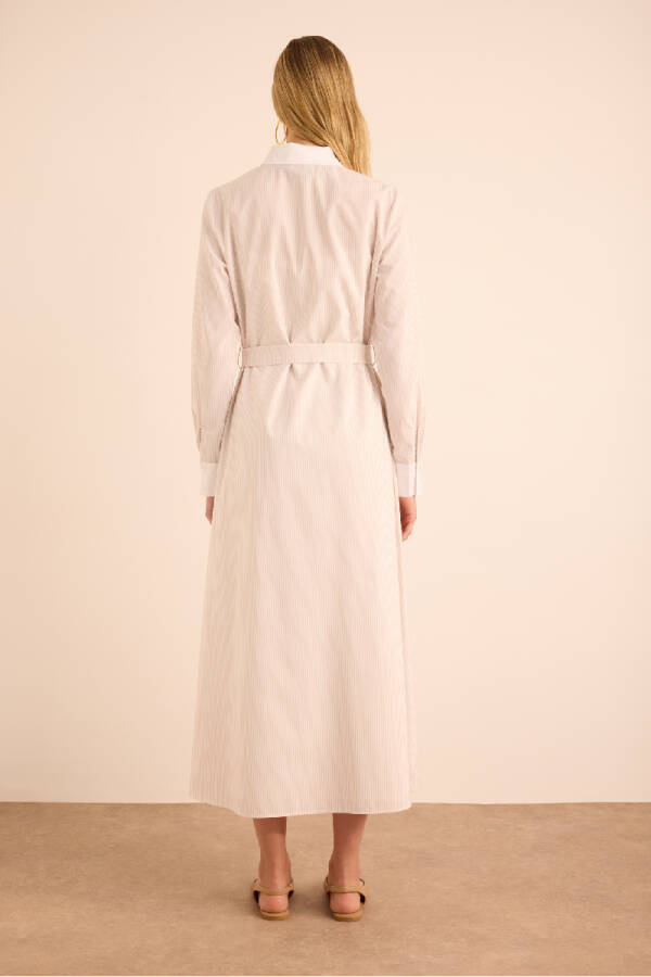 Bej Çizgili Beyaz Garni Detaylı Cotton Elbise - 7