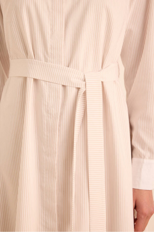 Bej Çizgili Beyaz Garni Detaylı Cotton Elbise - 6