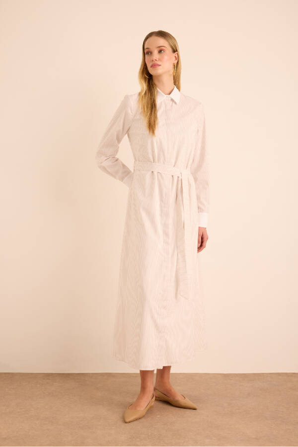 Bej Çizgili Beyaz Garni Detaylı Cotton Elbise - 2