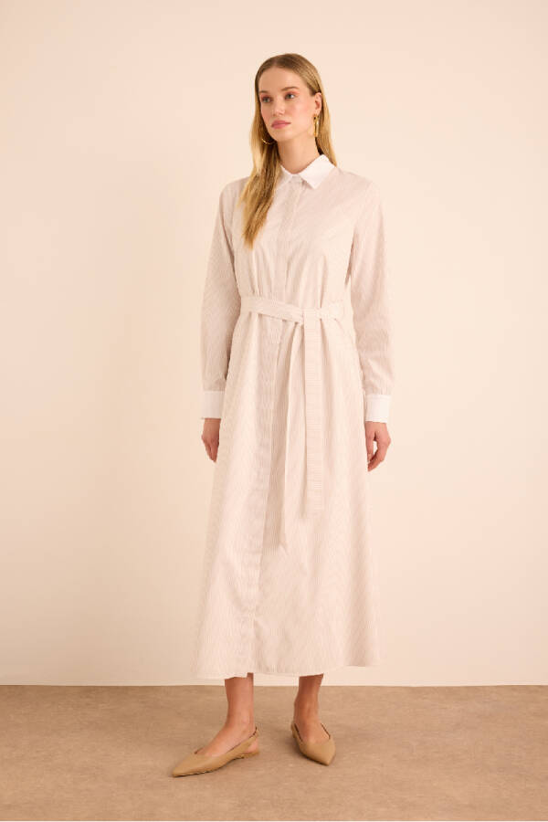 Bej Çizgili Beyaz Garni Detaylı Cotton Elbise - 5