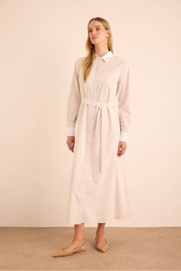 Bej Çizgili Beyaz Garni Detaylı Cotton Elbise - 3