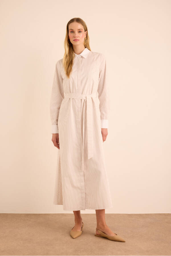Bej Çizgili Beyaz Garni Detaylı Cotton Elbise - 4