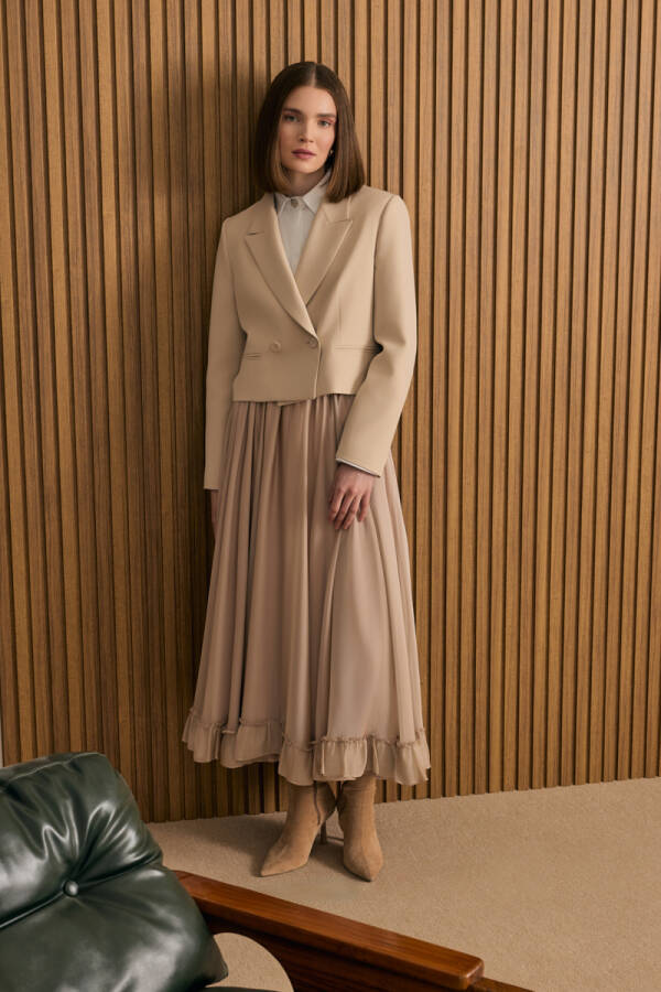 Bej Fırfırlı Şifon Etek - 1