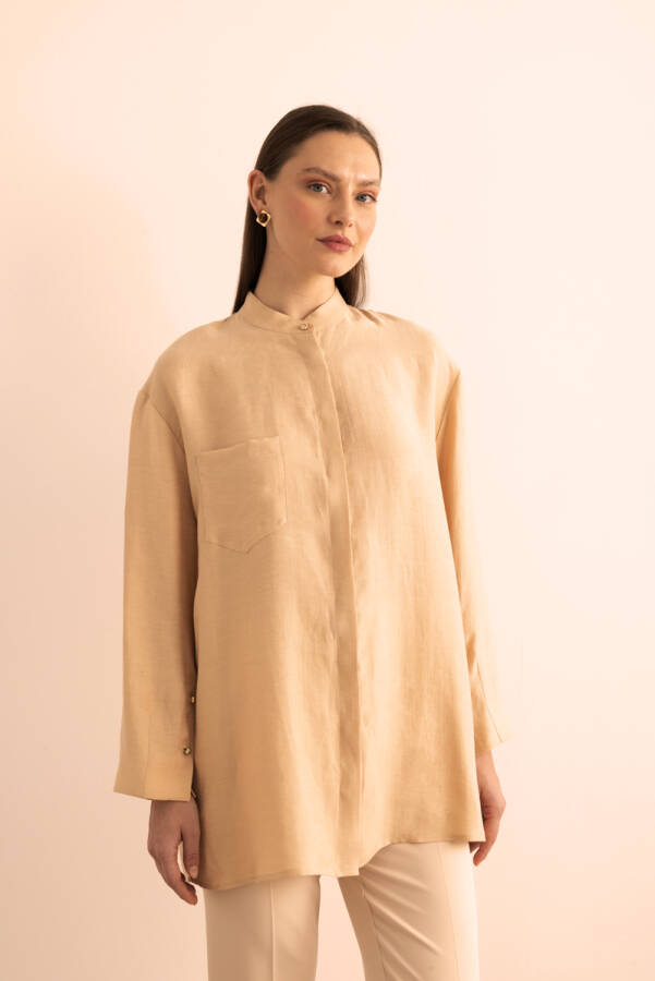 Bej Hakim Yaka Keten Bluz - 1