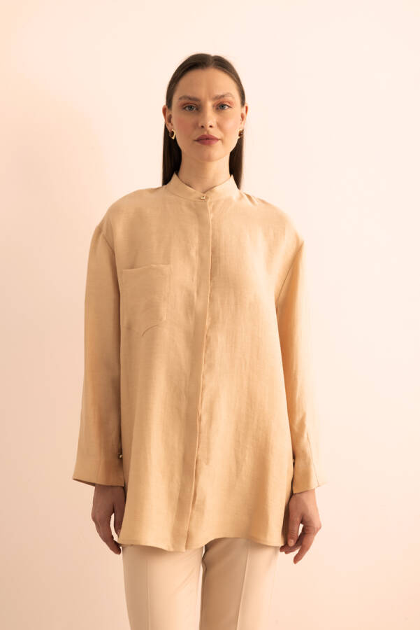 Bej Hakim Yaka Keten Bluz - 4