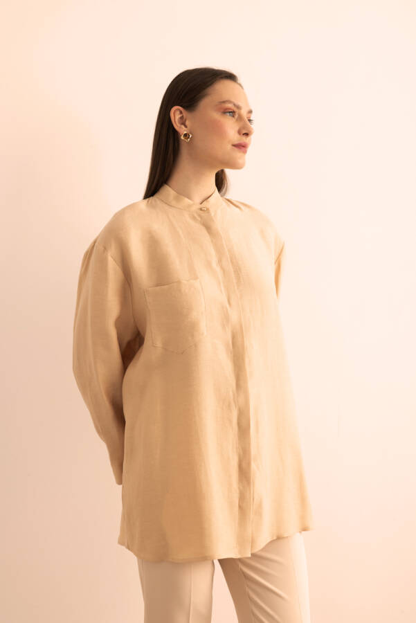 Bej Hakim Yaka Keten Bluz - 2