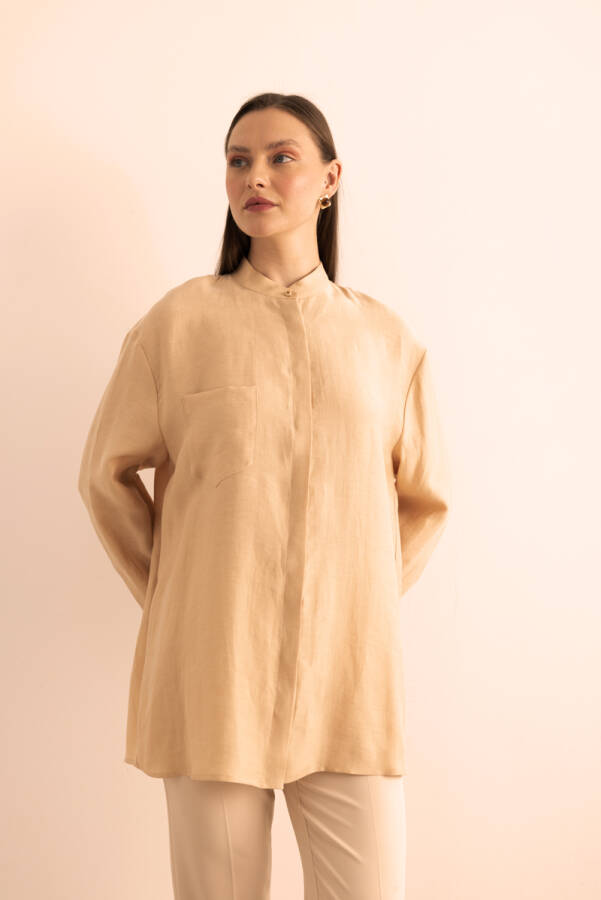 Bej Hakim Yaka Keten Bluz - 6