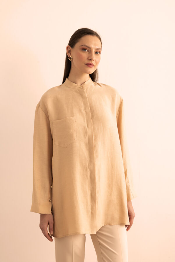 Bej Hakim Yaka Keten Bluz - 1
