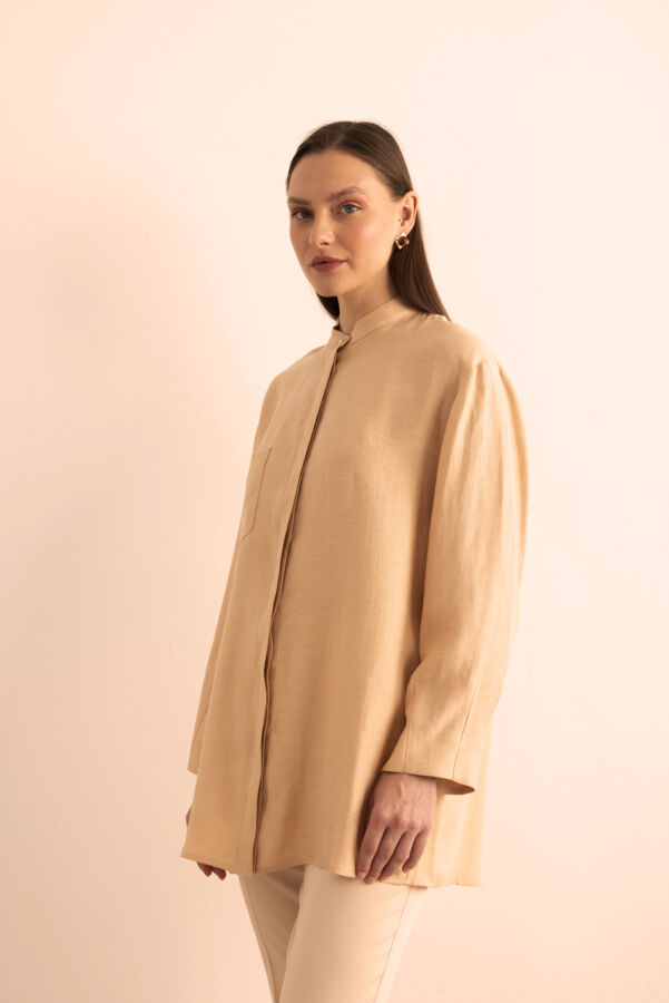 Bej Hakim Yaka Keten Bluz - 3