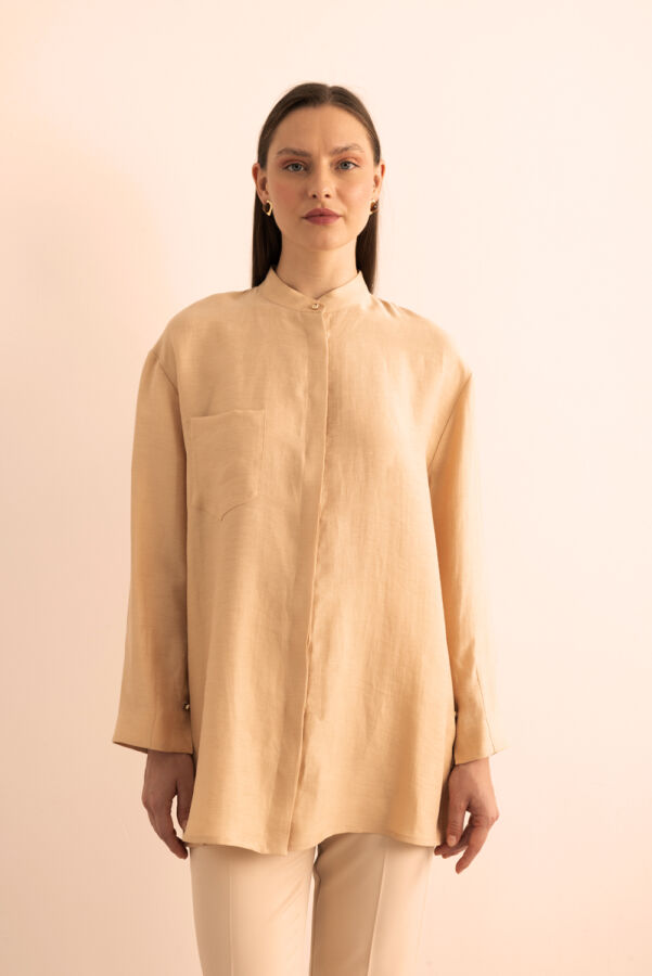 Bej Hakim Yaka Keten Bluz - 4