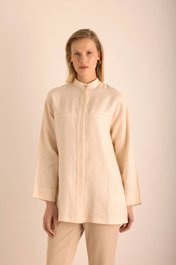 Bej Hakim Yaka Keten Gömlek - Aker