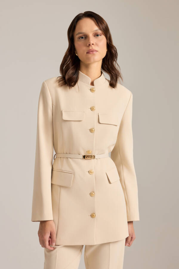 Bej Kemer Aksesuarlı Hakim Yaka Ceket - 3