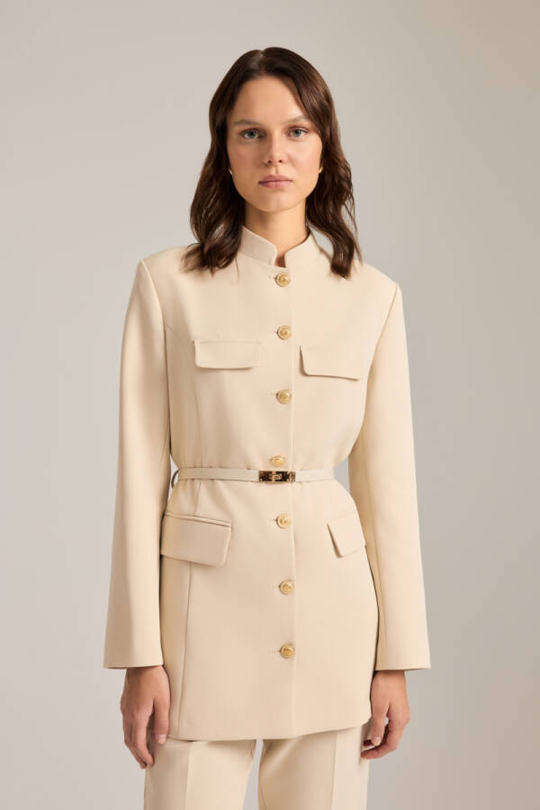 Bej Kemer Aksesuarlı Hakim Yaka Ceket - 4