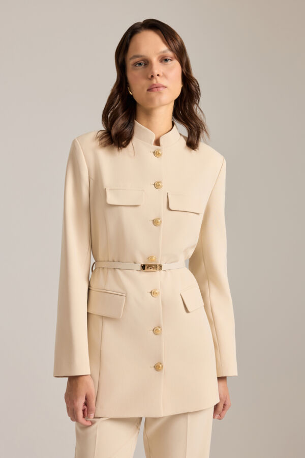 Bej Kemer Aksesuarlı Hakim Yaka Ceket - 3