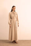 Bej Kemeri Düğme Detaylı Tencel Cotton Elbise - 4