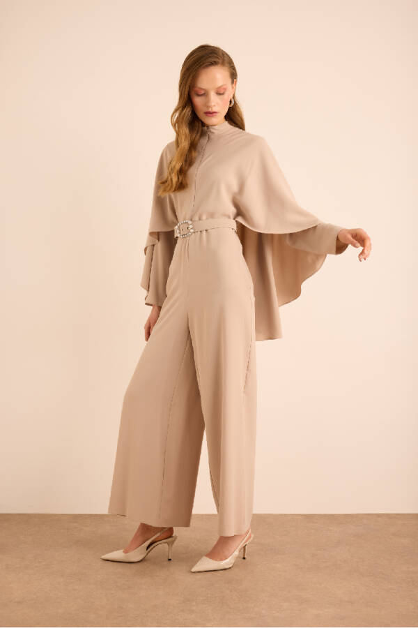 Bej Kemerli Pelerin Detaylı Dokuma Tulum - 3