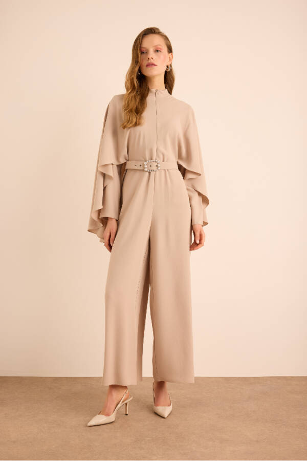 Bej Kemerli Pelerin Detaylı Dokuma Tulum - Aker (1)