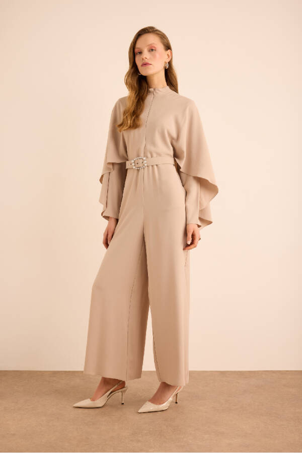 Bej Kemerli Pelerin Detaylı Dokuma Tulum - 5