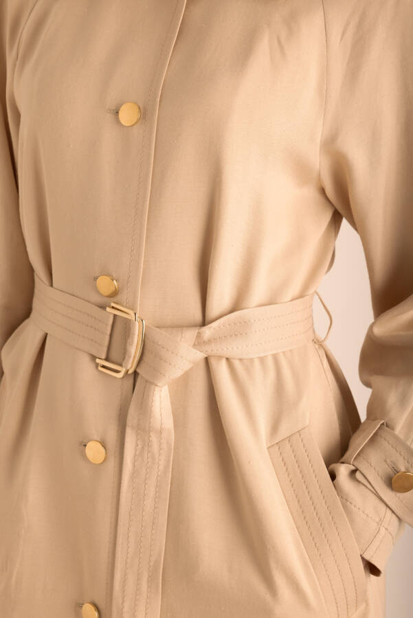 Bej Keten Karışımlı Dokuma Trençkot - 3