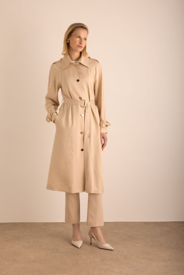 Bej Keten Karışımlı Dokuma Trençkot - Aker (1)