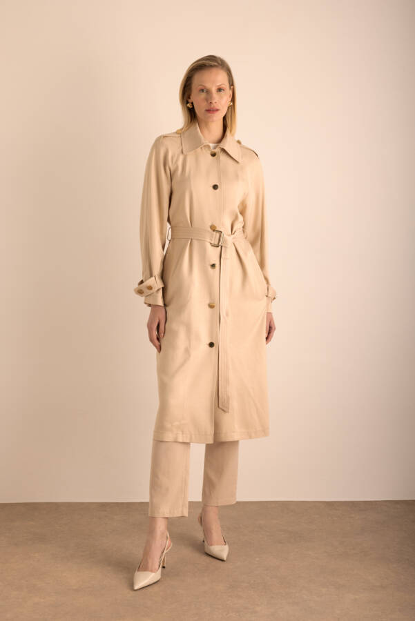 Bej Keten Karışımlı Dokuma Trençkot - Aker