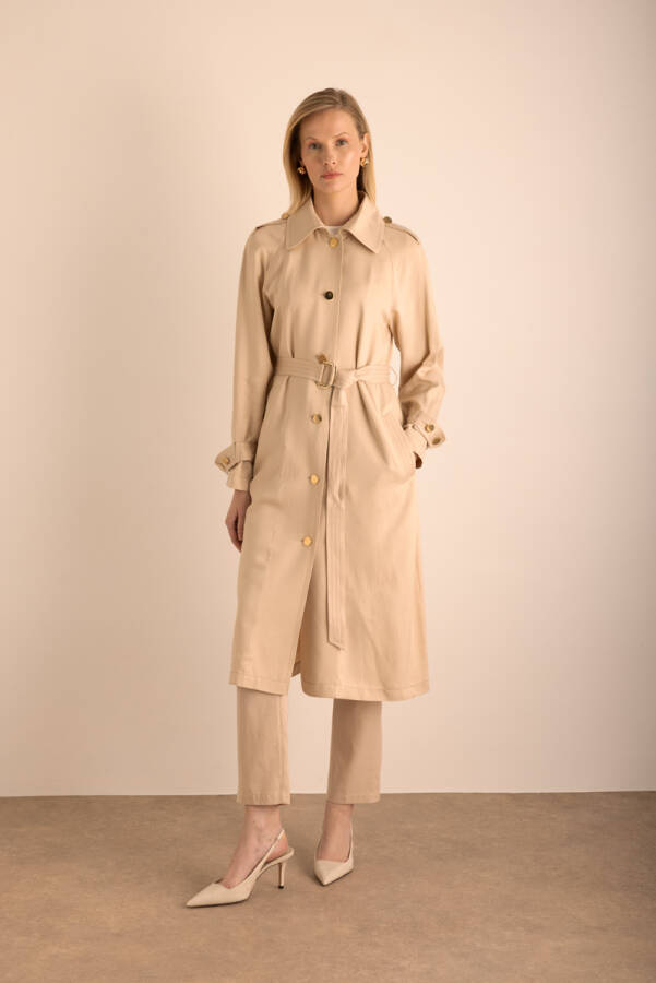 Bej Keten Karışımlı Dokuma Trençkot - 5