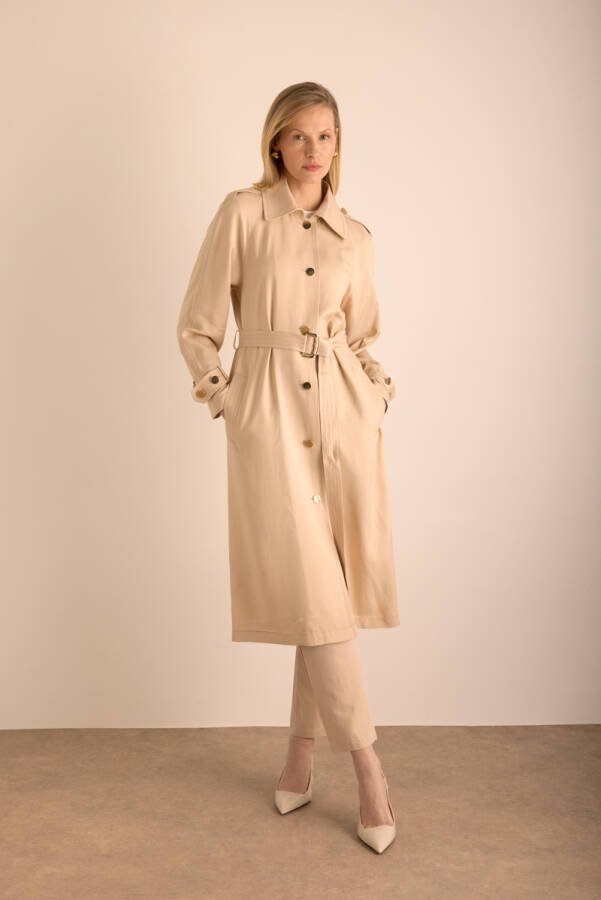 Bej Keten Karışımlı Dokuma Trençkot - 4