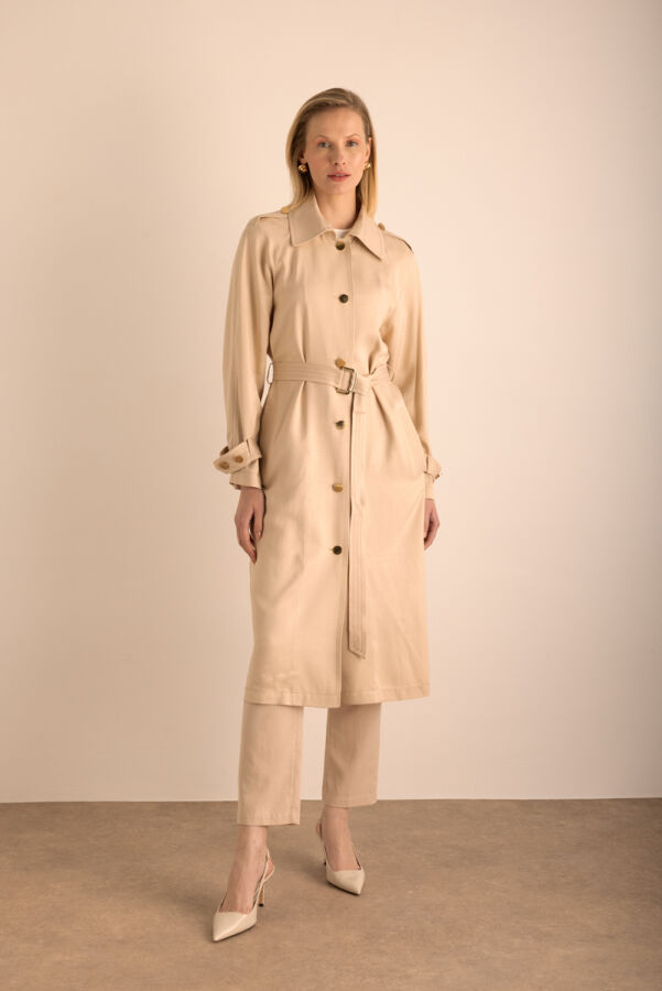 Bej Keten Karışımlı Dokuma Trençkot - Aker