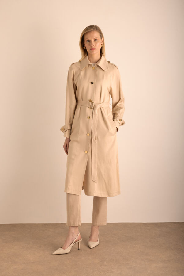 Bej Keten Karışımlı Dokuma Trençkot - 5