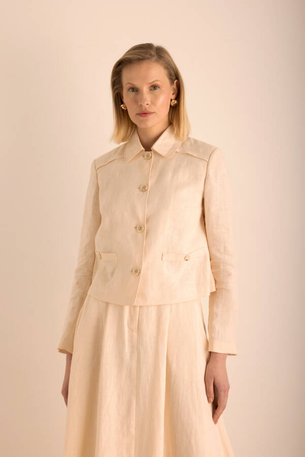 Bej Keten Kısa Ceket - 3