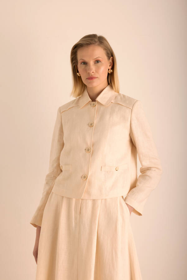 Bej Keten Kısa Ceket - Aker