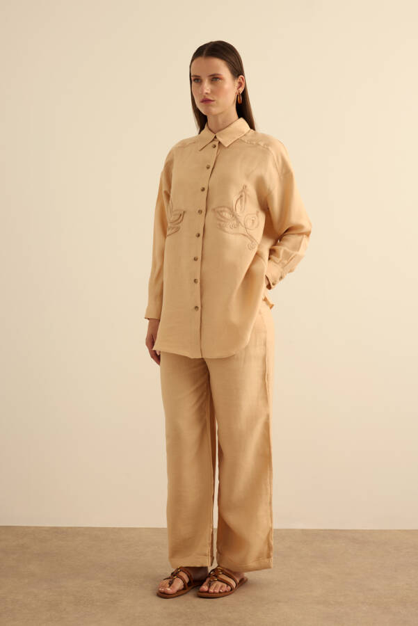 Bej Klasik Tencel Keten Pantolon - Aker