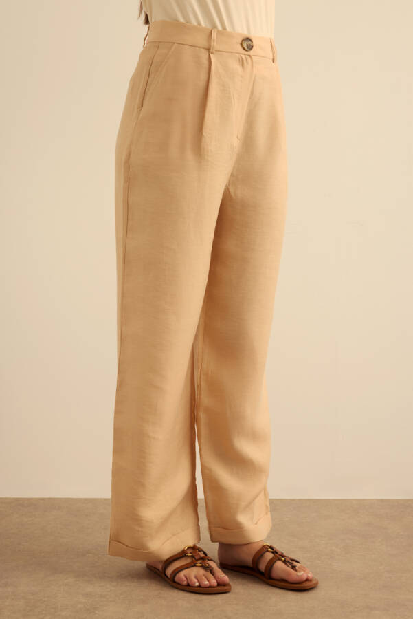 Bej Klasik Tencel Keten Pantolon - 4