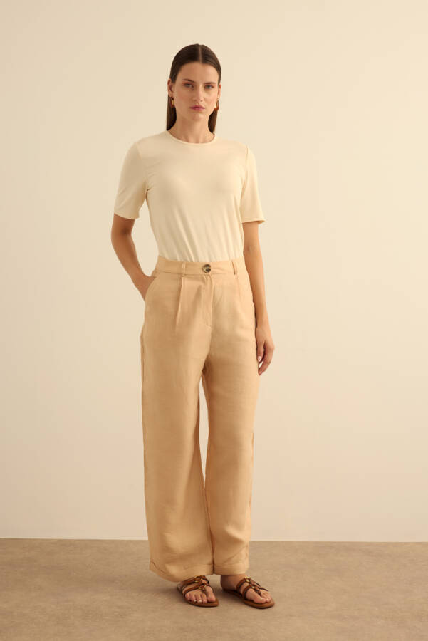 Bej Klasik Tencel Keten Pantolon - Aker (1)