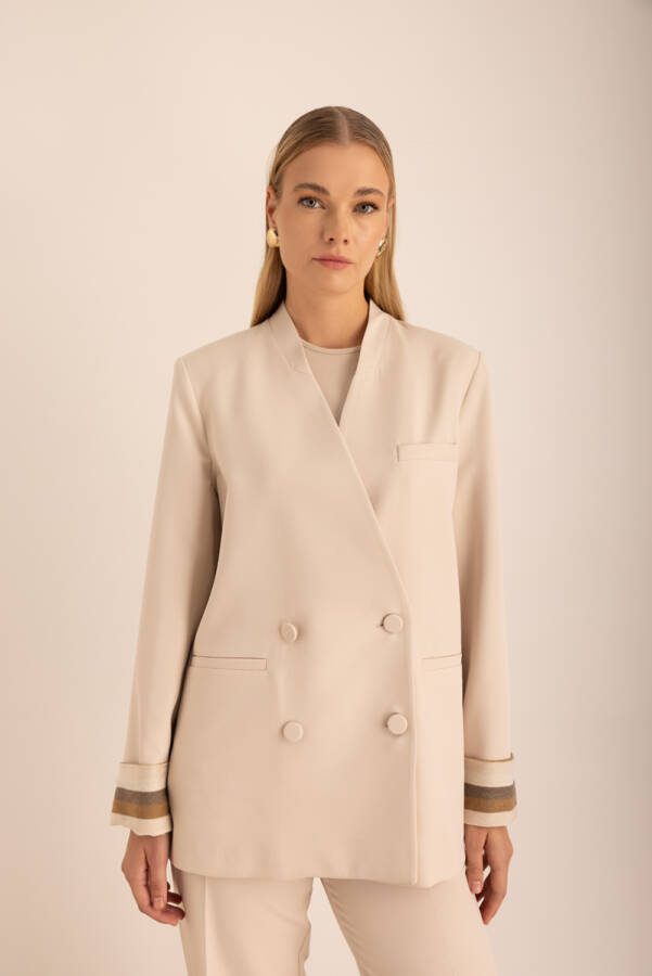 Bej Kolları Seyyar Garni Detaylı Yakasız Ceket - Aker