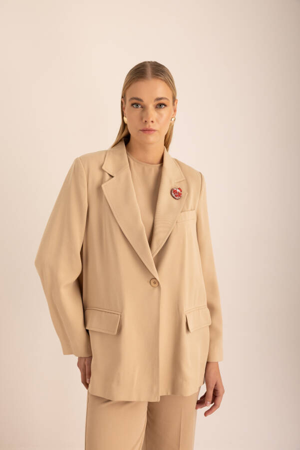 Bej Kontrast İç Biyeli Tencel Oversize Ceket - Aker