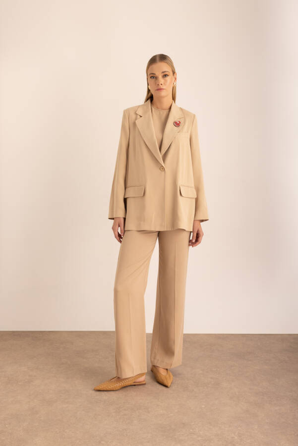 Bej Kontrast İç Biyeli Tencel Oversize Ceket - Aker (1)