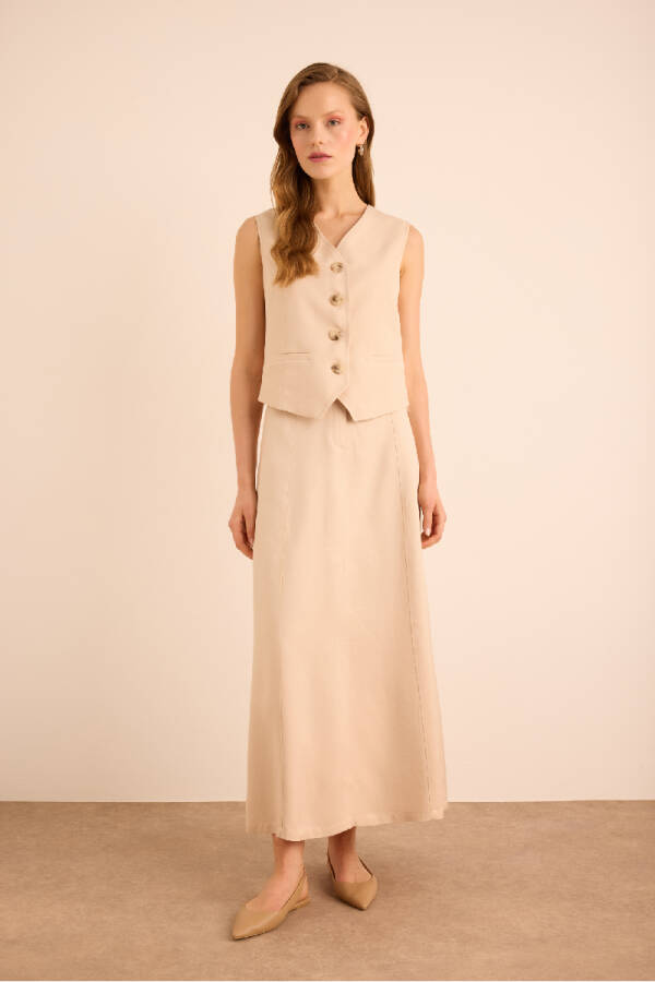 Bej Kup Detaylı Vıscon Keten Karışımlı Etek - 1